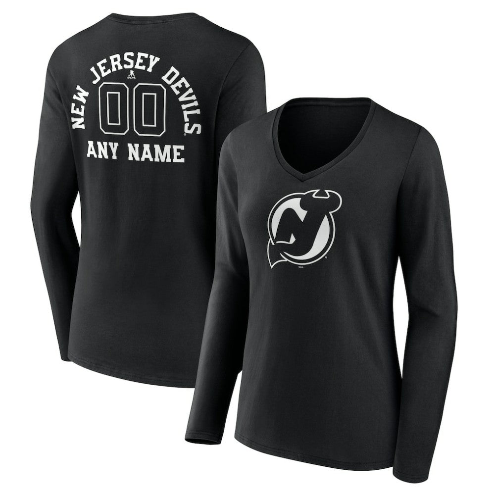 New Jersey Devils Women's Personalized Name & Number Monochrome Long Sleeve V-Neck T-Shirt Black