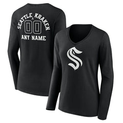 Seattle Kraken Women's Personalized Name & Number Monochrome Long Sleeve V-Neck T-Shirt Black