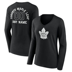 Toronto Maple Leafs Women's Personalized Name & Number Monochrome Long Sleeve V-Neck T-Shirt Black
