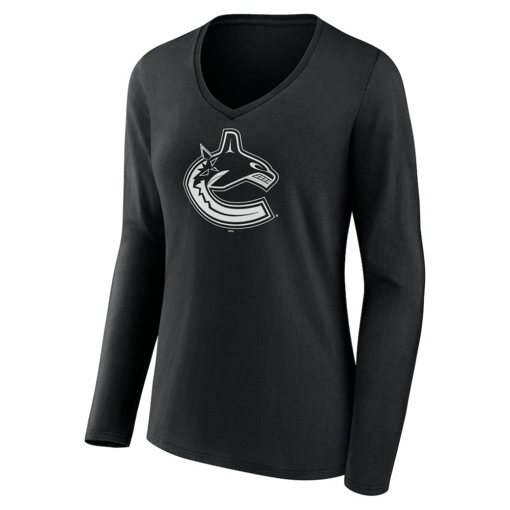 Vancouver Canucks Women's Personalized Name & Number Monochrome Long Sleeve V-Neck T-Shirt Black