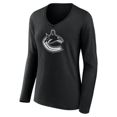 Vancouver Canucks Women's Personalized Name & Number Monochrome Long Sleeve V-Neck T-Shirt Black