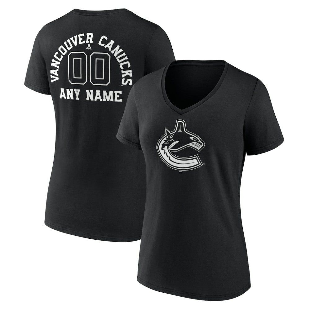Vancouver Canucks Women's Personalized Name & Number Monochrome V-Neck T-Shirt Black