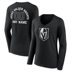 Vegas Golden Knights Women's Personalized Name & Number Monochrome Long Sleeve V-Neck T-Shirt Black