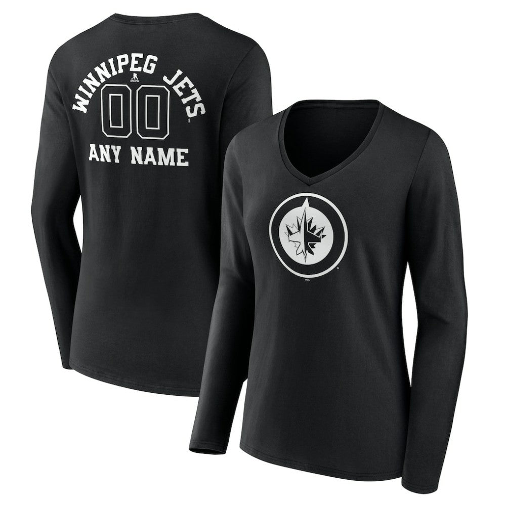 Winnipeg Jets Women's Personalized Name & Number Monochrome Long Sleeve V-Neck T-Shirt Black