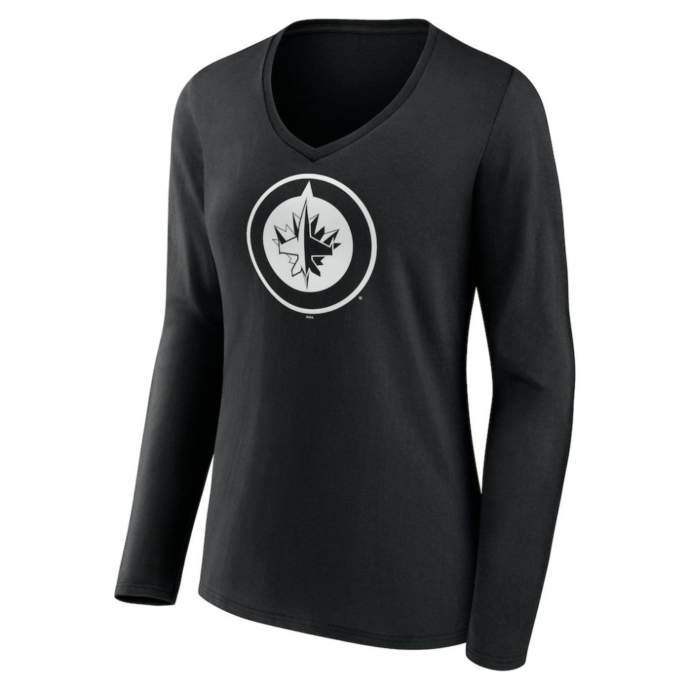 Winnipeg Jets Women's Personalized Name & Number Monochrome Long Sleeve V-Neck T-Shirt Black