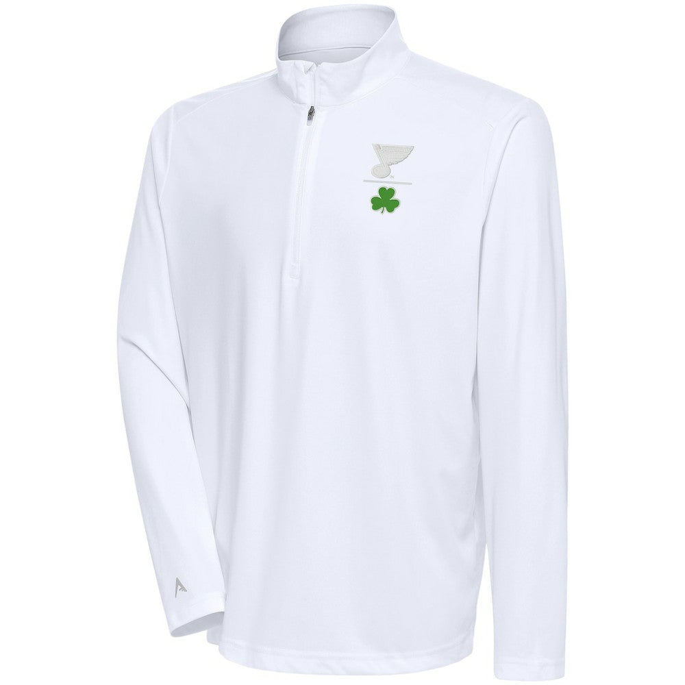 St. Louis Blues Antigua Shamrock Tribute Quarter-Zip Pullover Top White