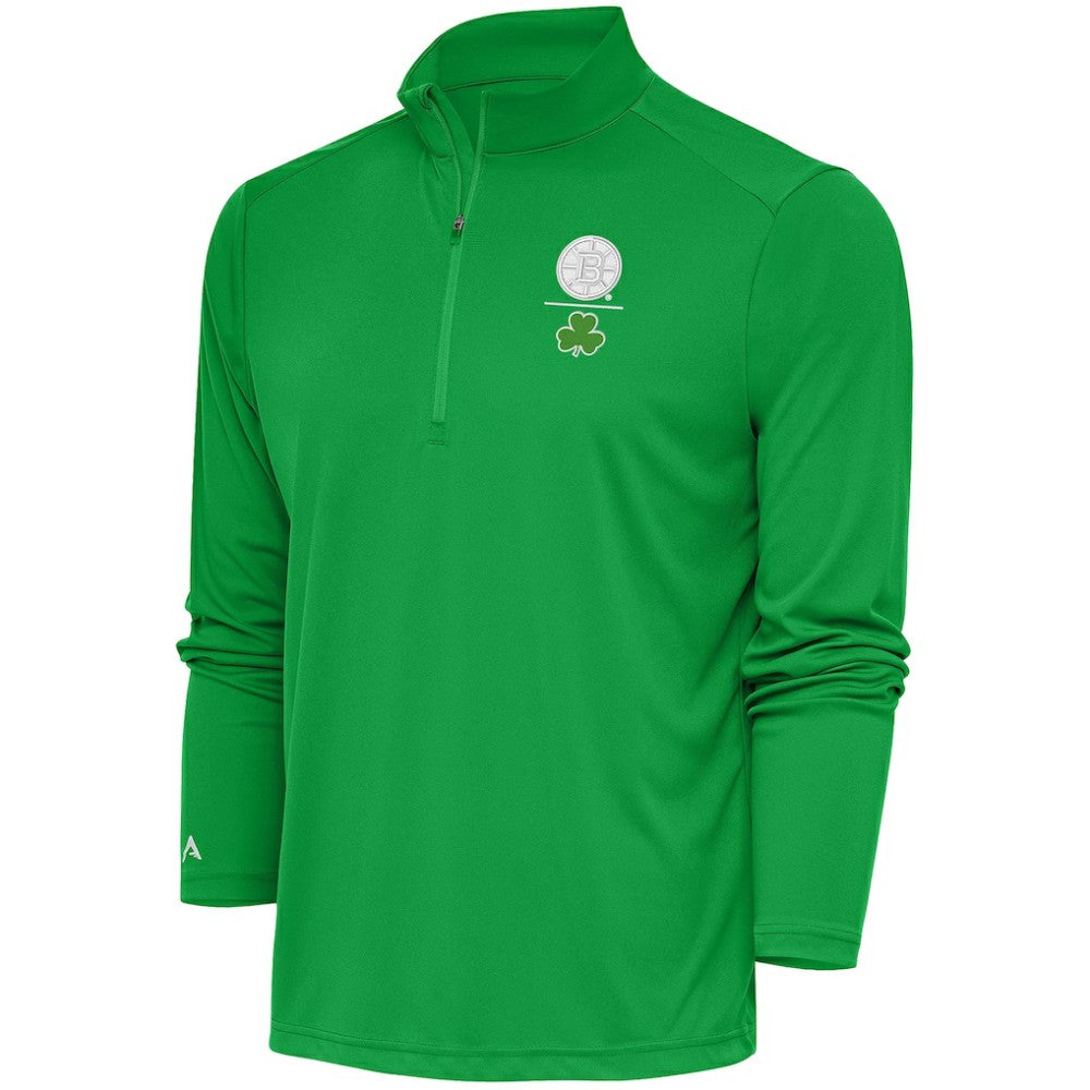 Boston Bruins Antigua Shamrock Tribute Quarter-Zip Pullover Top Kelly Green