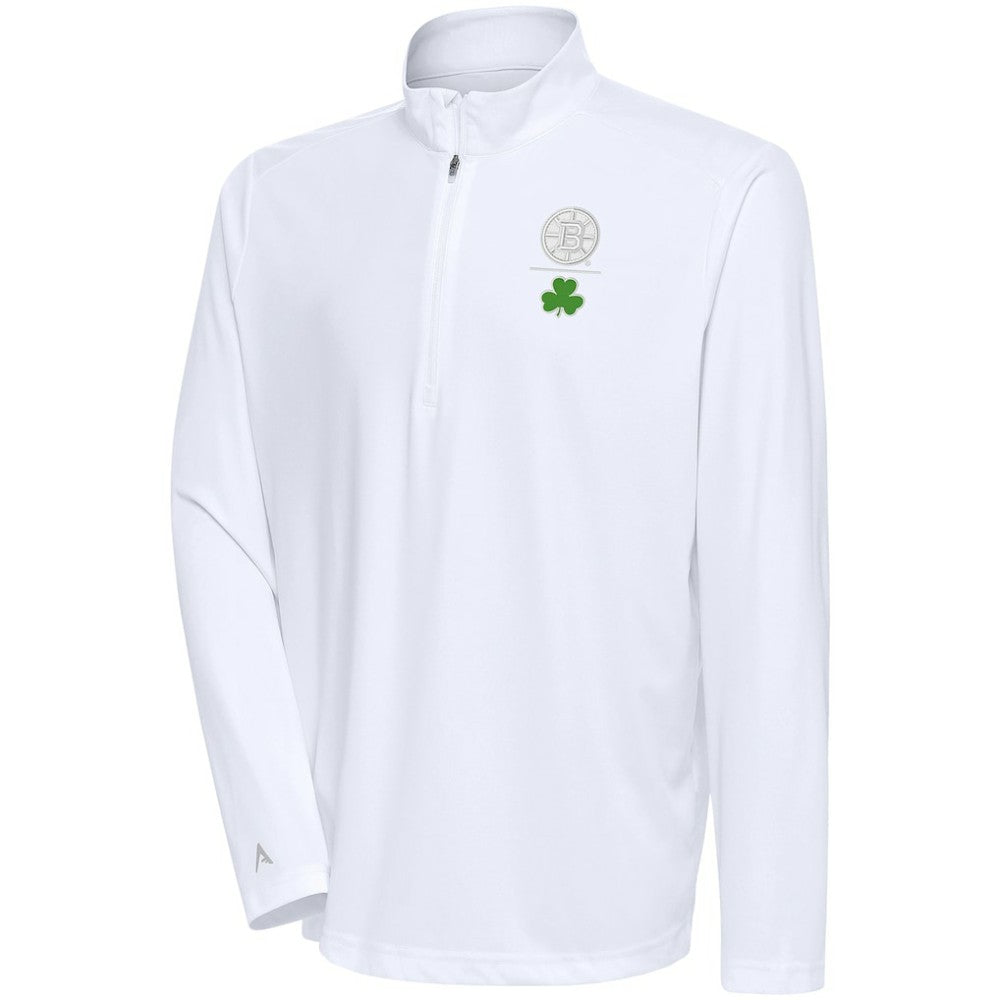 Boston Bruins Antigua Shamrock Tribute Quarter-Zip Pullover Top White