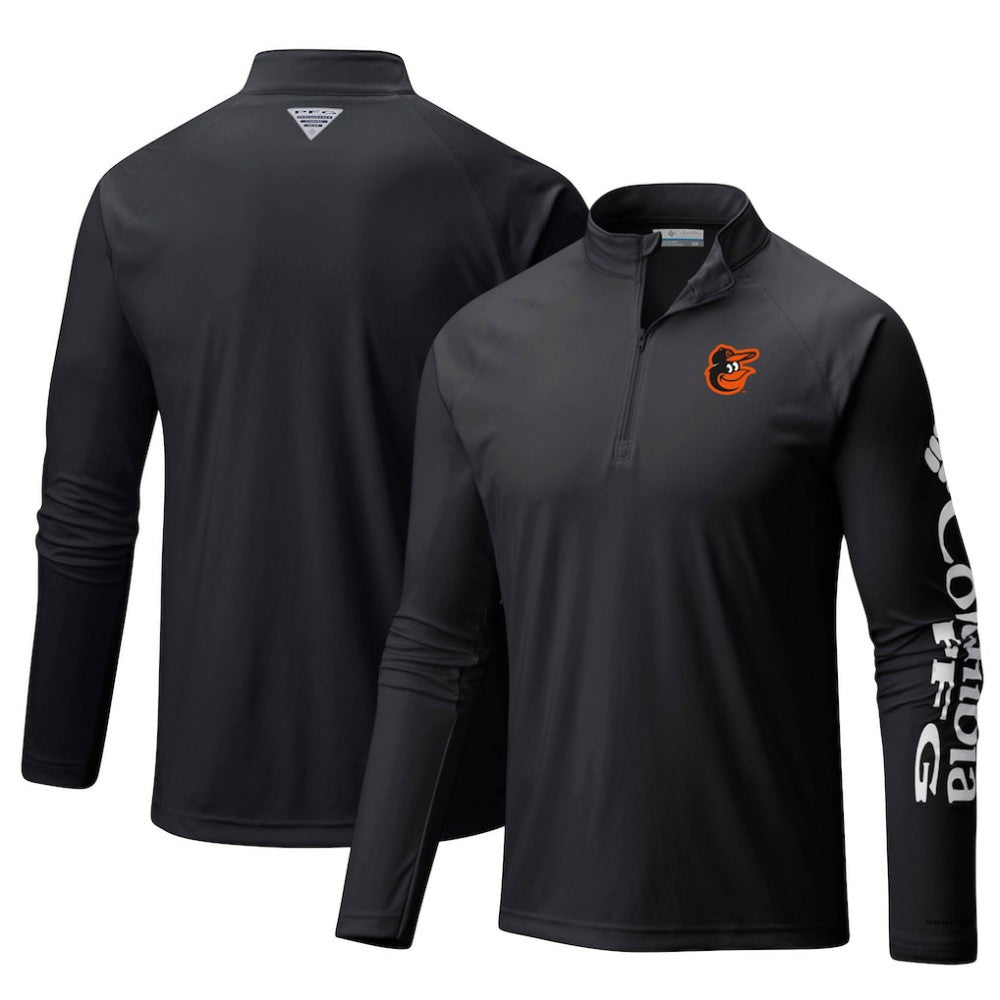 Baltimore Orioles Terminal Tackle Omni-Shade Raglan Quarter-Zip Pullover Top Black | Columbia