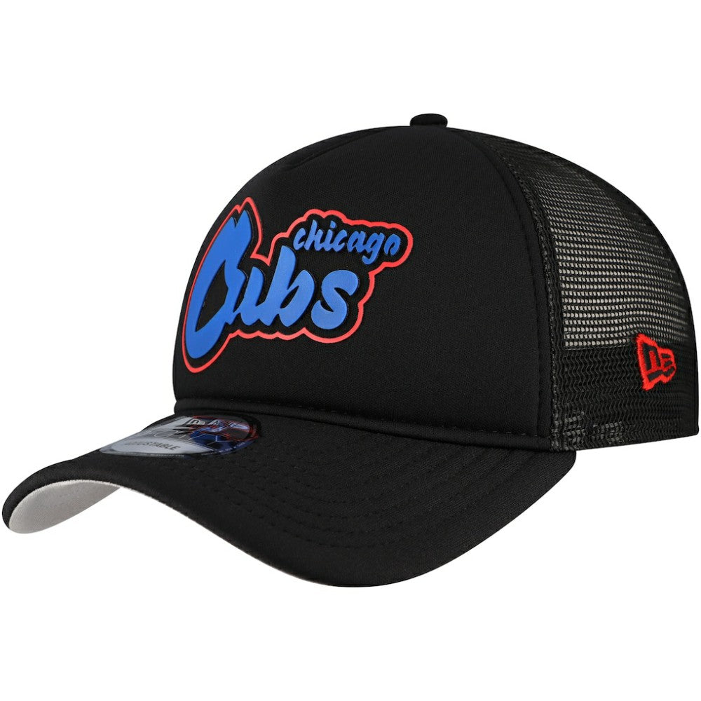 Chicago Cubs Retro Bold A-Frame Trucker 9FORTY Adjustable Hat Black | New Era