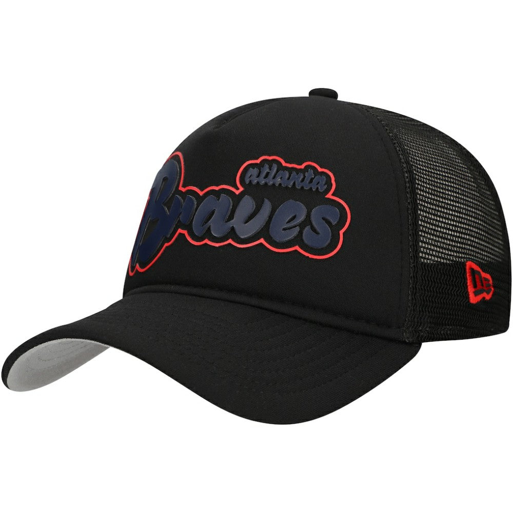 Atlanta Braves Retro Bold A-Frame Trucker 9FORTY Adjustable Hat Black | New Era