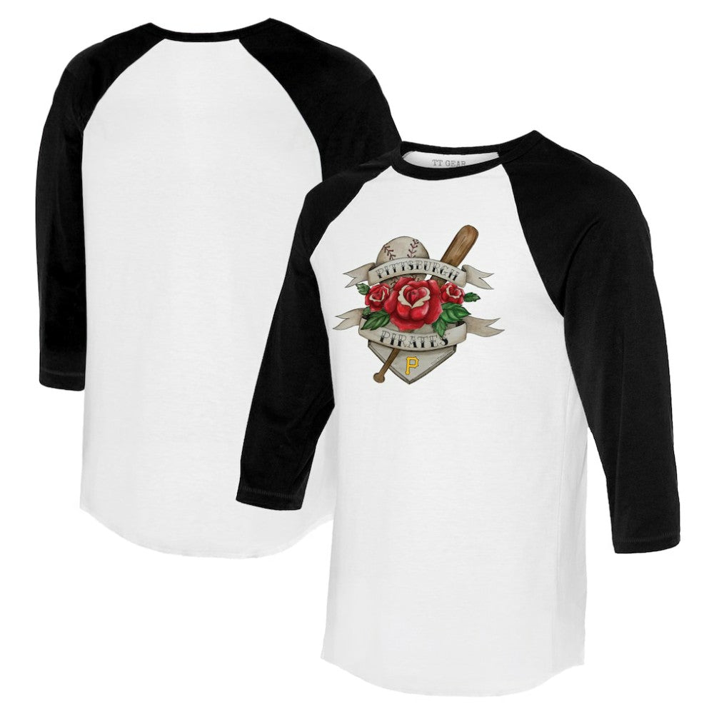 Pittsburgh Pirates Tiny Turnip Unisex American Traditional Rose 3/4-Sleeve Raglan T-Shirt White/Black