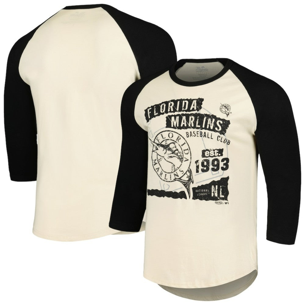 Miami Marlins Majestic Threads Raglan 3/4-Sleeve T-Shirt Cream/Black