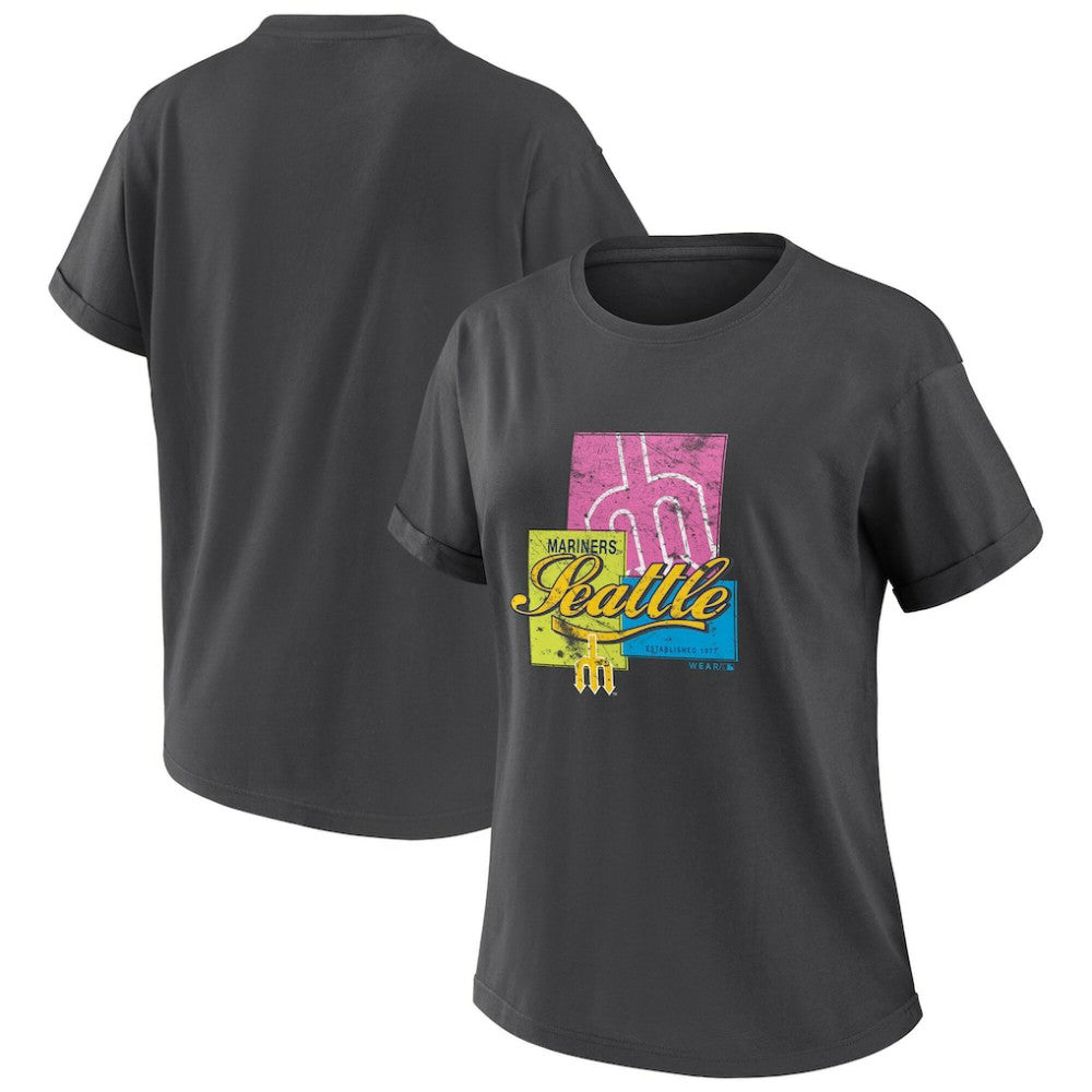 Seattle Mariners WEAR by Erin Andrews Women's Domestic Box Color Boyfriend T-Shirt Charcoal