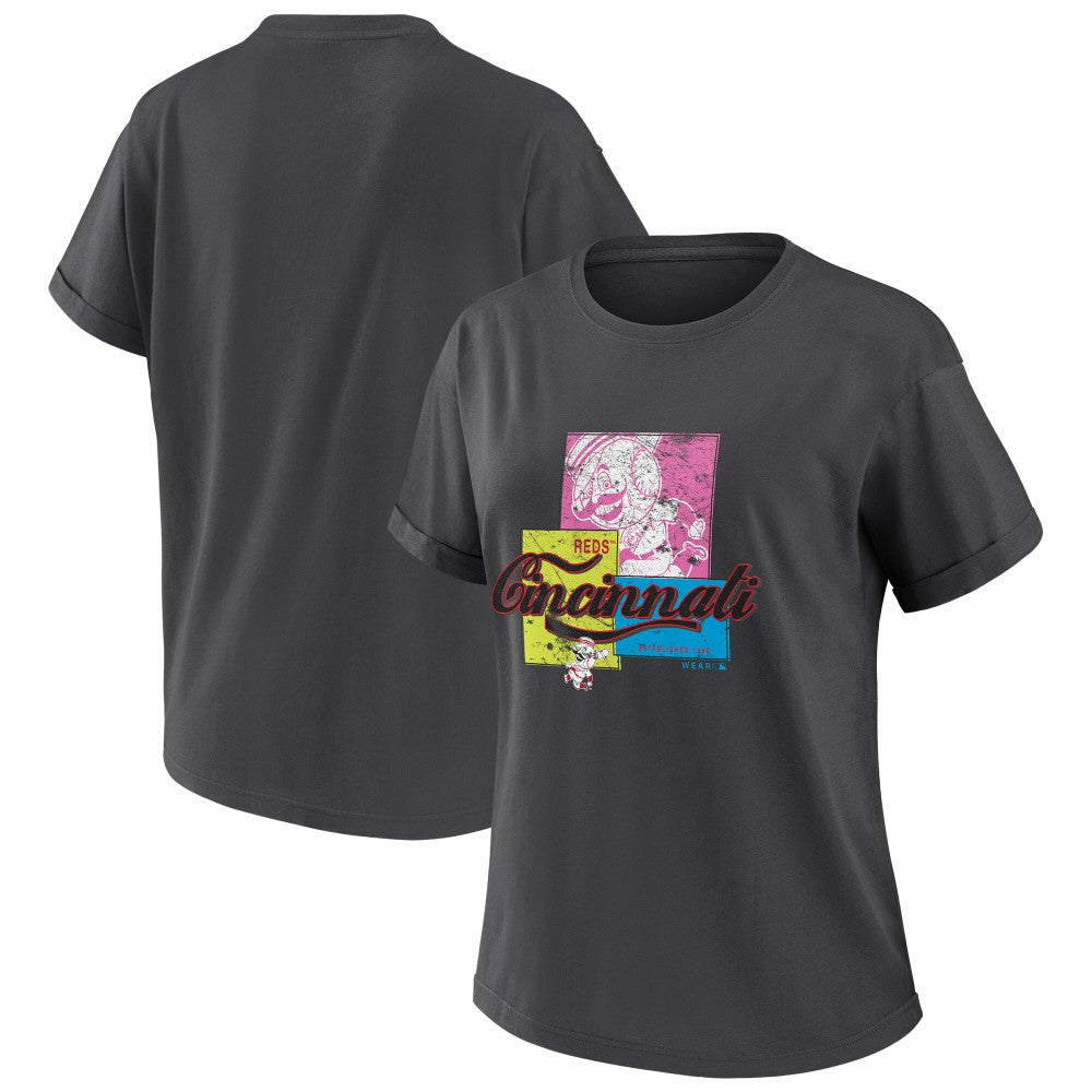 Cincinnati Reds WEAR by Erin Andrews Women's Domestic Box Color Boyfriend T-Shirt Charcoal