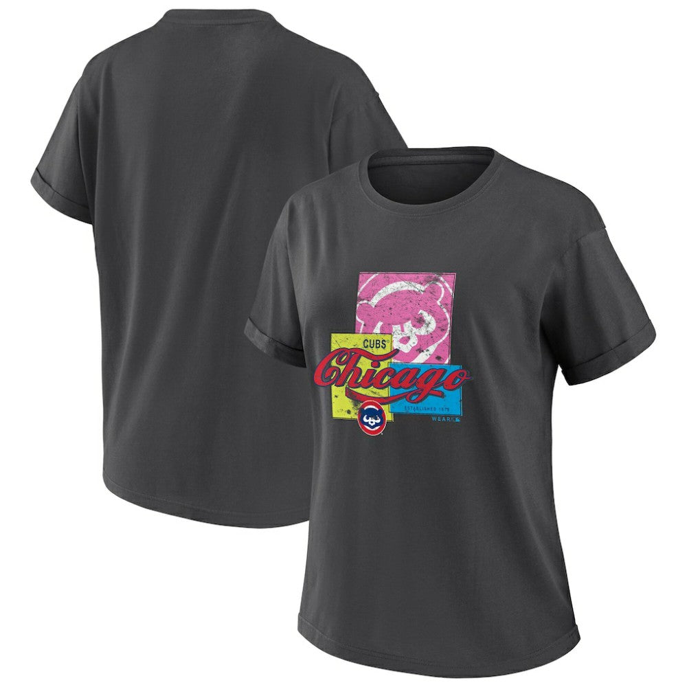 Chicago Cubs WEAR by Erin Andrews Women's Domestic Box Color Boyfriend T-Shirt Charcoal