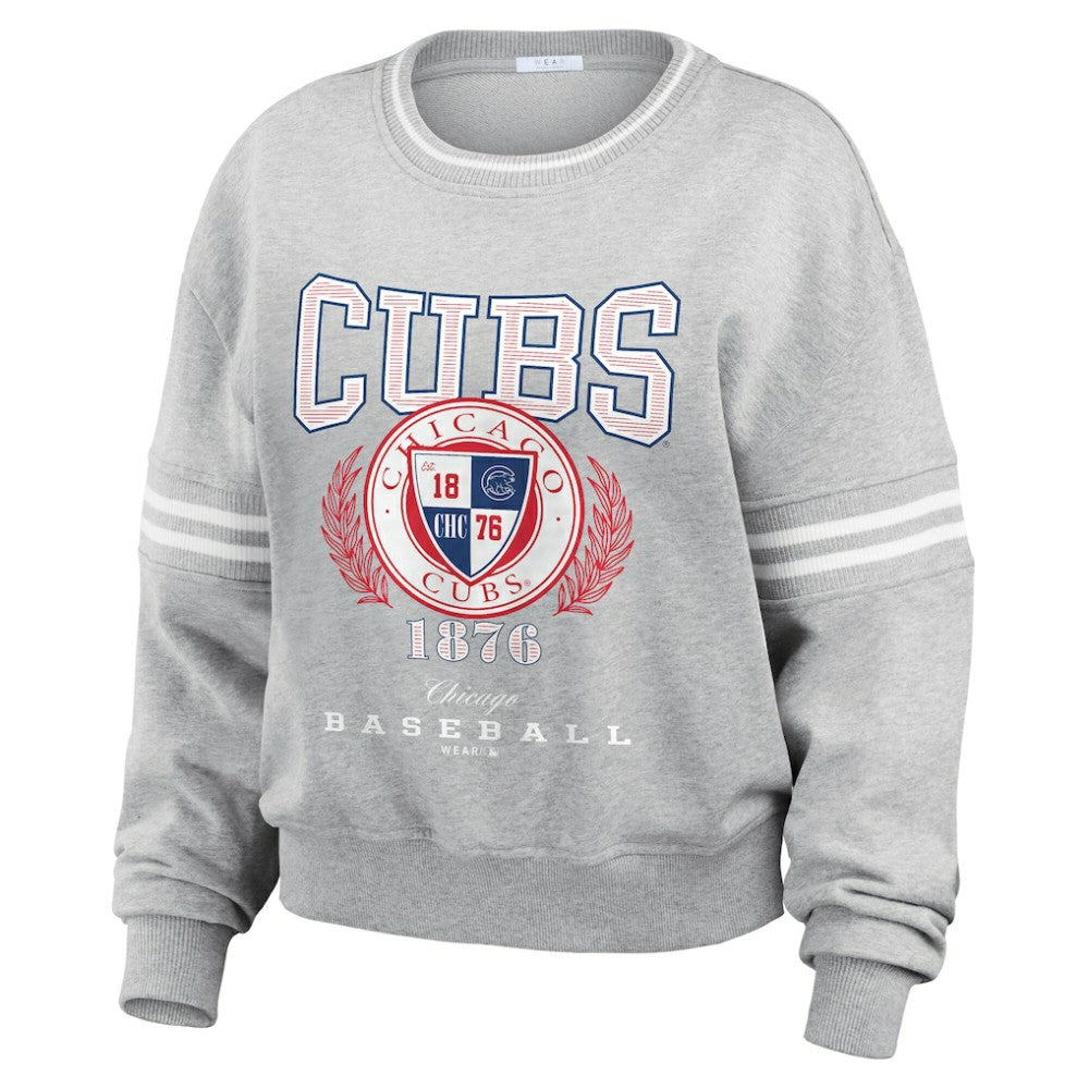 Chicago Cubs WEAR by Erin Andrews Women's Domestic Crest Pullover Sweatshirt Heather Gray