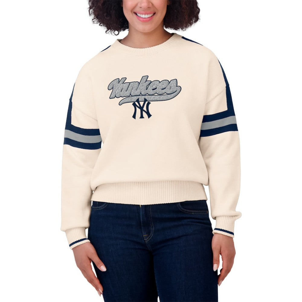 New York Yankees WEAR by Erin Andrews Women's Stripe Pullover Sweater Cream