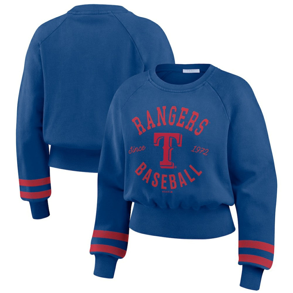 Texas Rangers WEAR by Erin Andrews Women's Vintage Washed Cropped Pullover Sweatshirt Royal