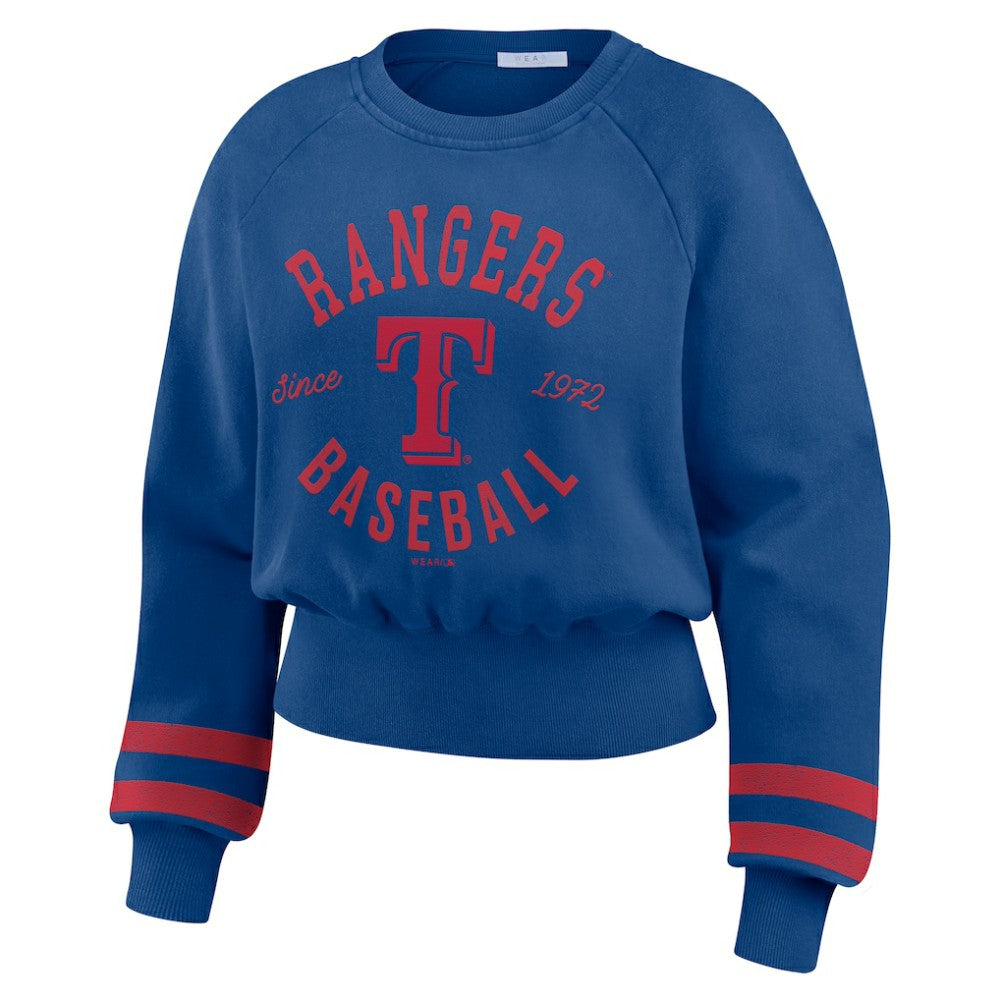Texas Rangers WEAR by Erin Andrews Women's Vintage Washed Cropped Pullover Sweatshirt Royal