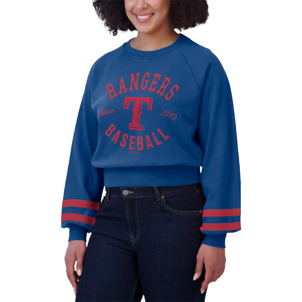 Texas Rangers WEAR by Erin Andrews Women's Vintage Washed Cropped Pullover Sweatshirt Royal