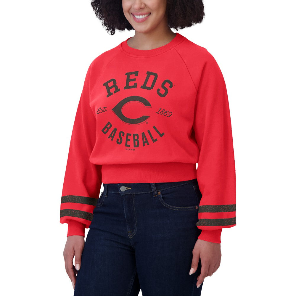 Cincinnati Reds WEAR by Erin Andrews Women's Vintage Washed Cropped Pullover Sweatshirt Red