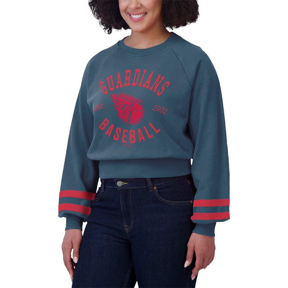Cleveland Guardians WEAR by Erin Andrews Women's Vintage Washed Cropped Pullover Sweatshirt Navy