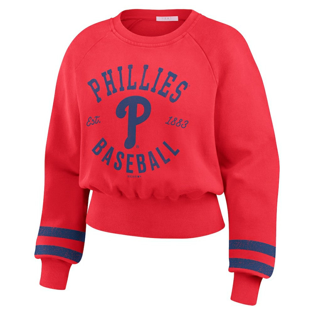 Philadelphia Phillies WEAR by Erin Andrews Women's Vintage Washed Cropped Pullover Sweatshirt Red
