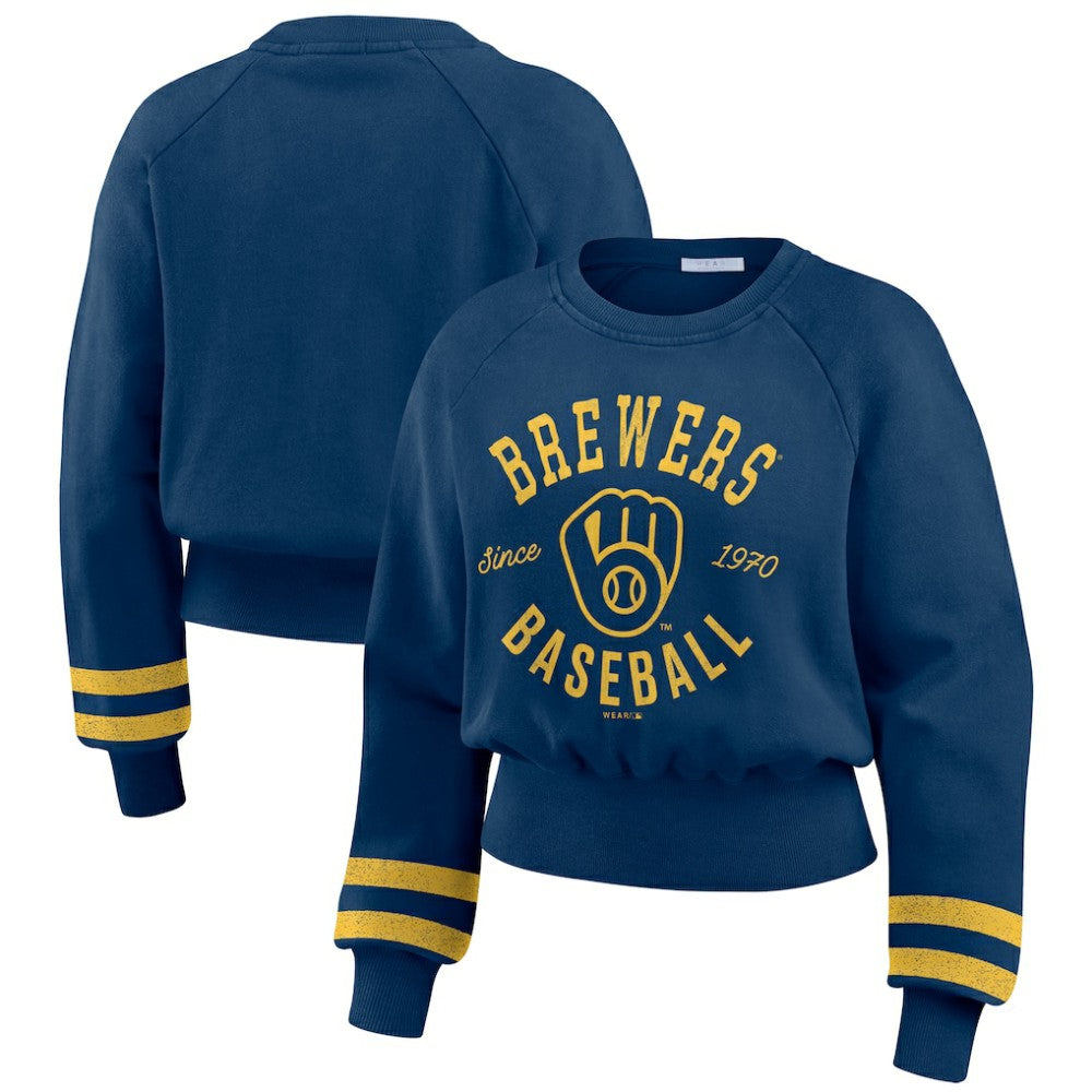Milwaukee Brewers WEAR by Erin Andrews Women's Vintage Washed Cropped Pullover Sweatshirt Navy