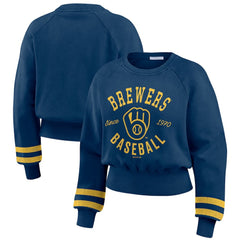 Milwaukee Brewers WEAR by Erin Andrews Women's Vintage Washed Cropped Pullover Sweatshirt Navy