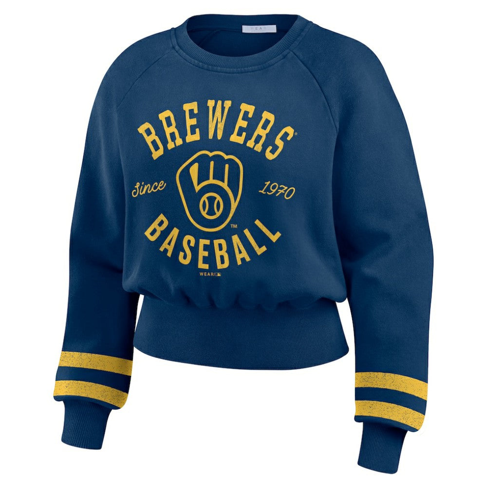 Milwaukee Brewers WEAR by Erin Andrews Women's Vintage Washed Cropped Pullover Sweatshirt Navy
