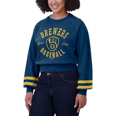 Milwaukee Brewers WEAR by Erin Andrews Women's Vintage Washed Cropped Pullover Sweatshirt Navy