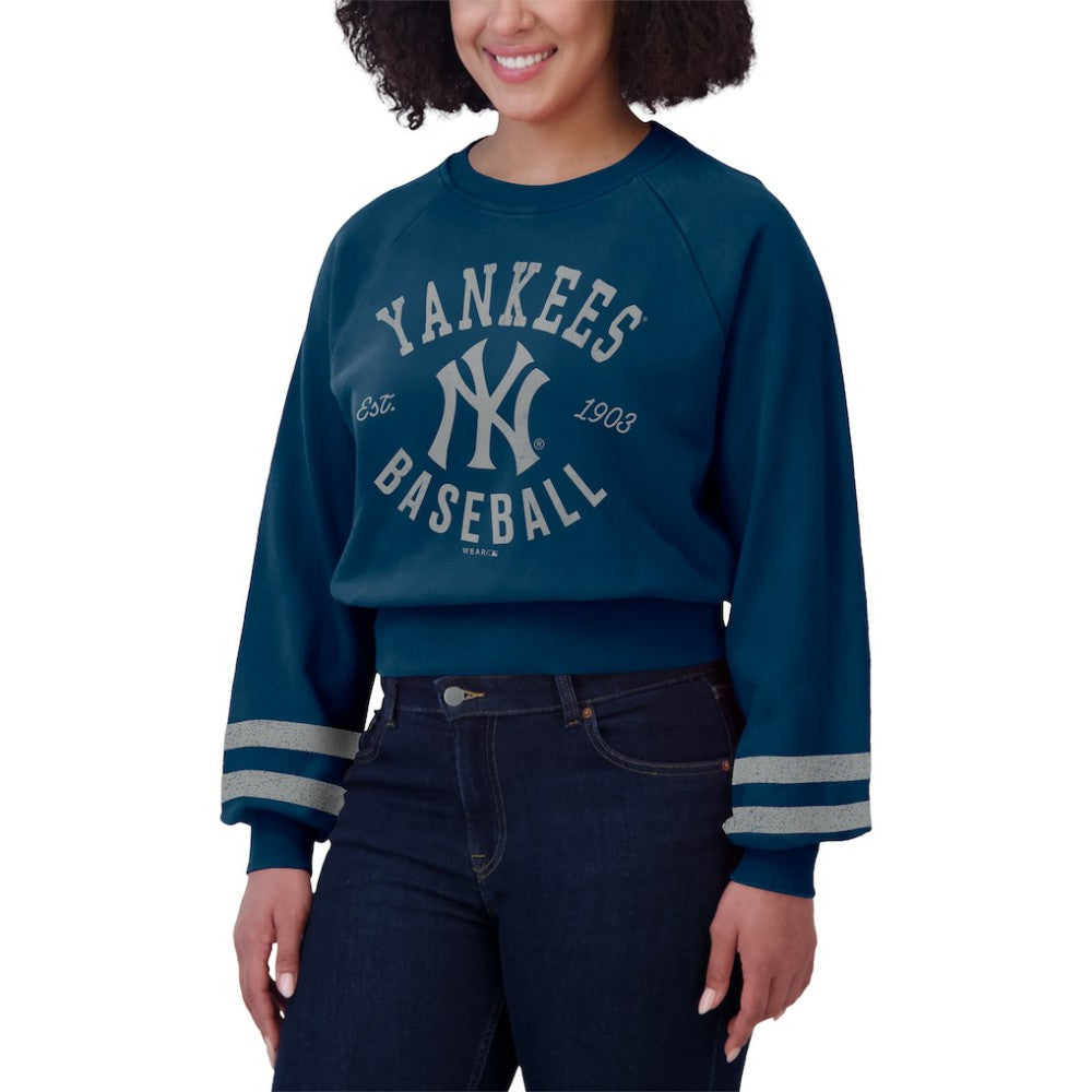 New York Yankees WEAR by Erin Andrews Women's Vintage Washed Cropped Pullover Sweatshirt Navy