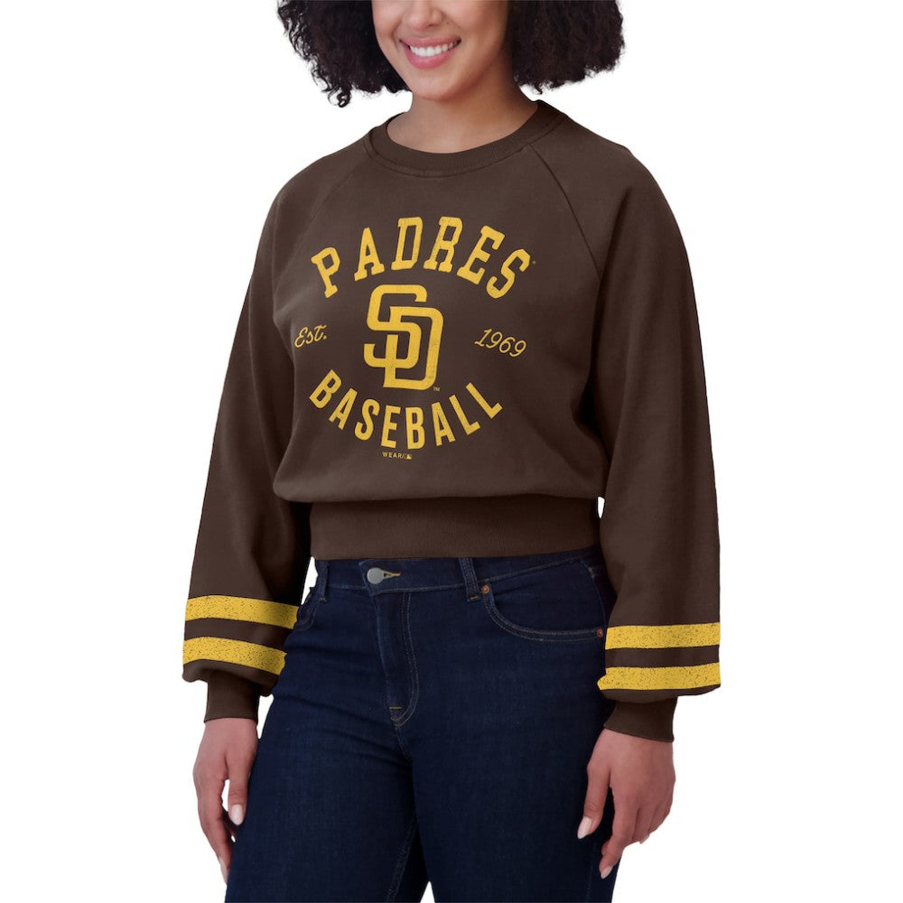San Diego Padres WEAR by Erin Andrews Women's Vintage Washed Cropped Pullover Sweatshirt Brown