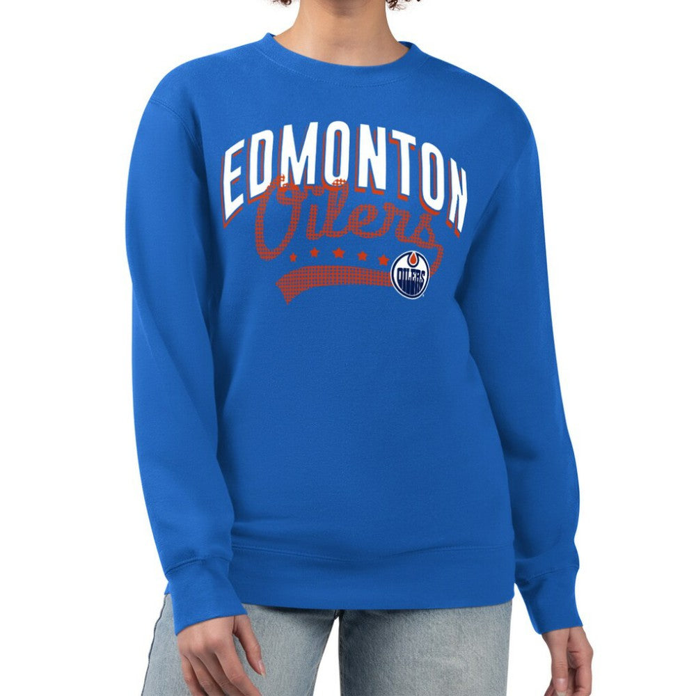 Edmonton Oilers G-III 4Her by Carl Banks Women's Filigree Team Graphic Fleece Pullover Sweatshirt Royal