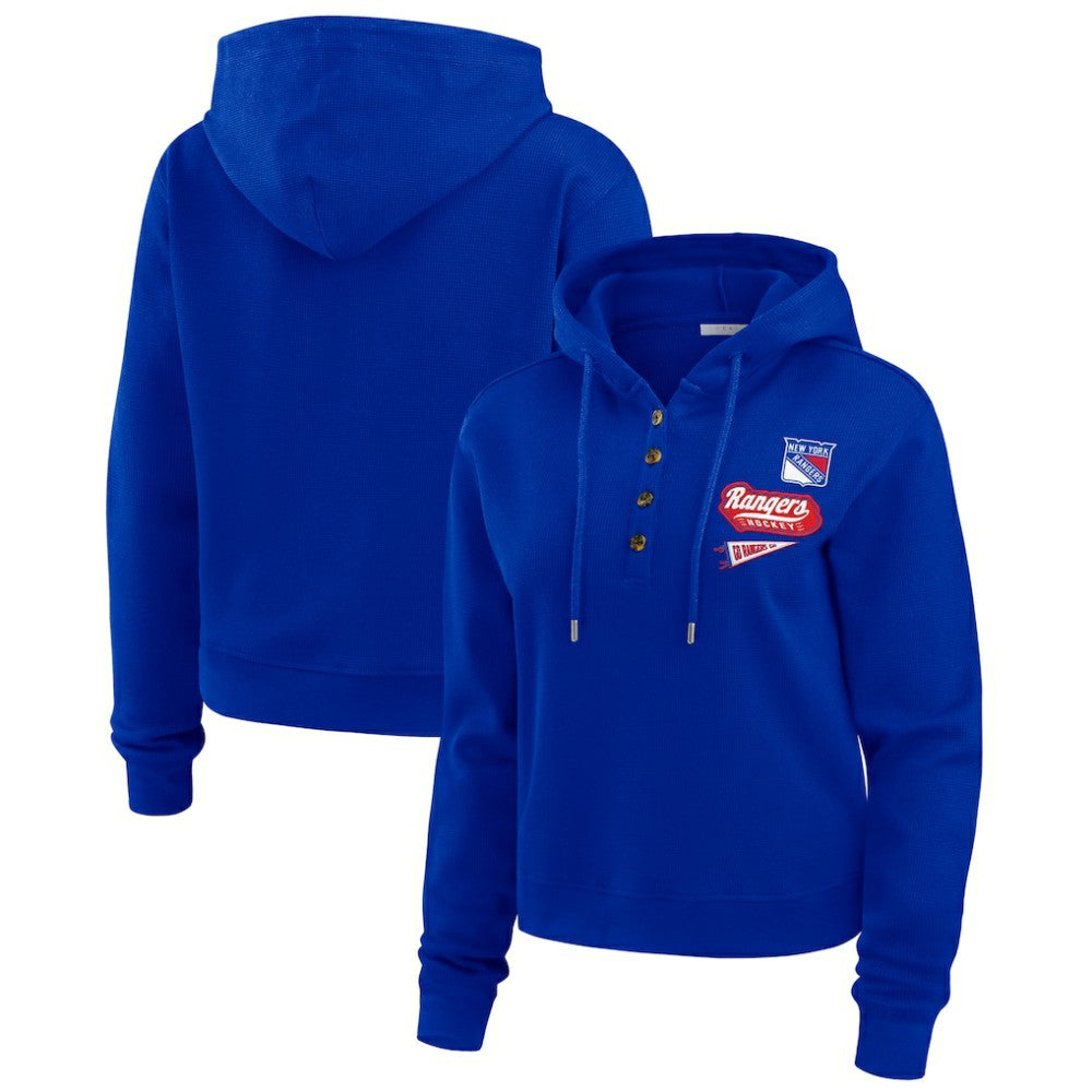 New York Rangers WEAR by Erin Andrews Women's Waffle-Knit Pullover Hoodie Blue