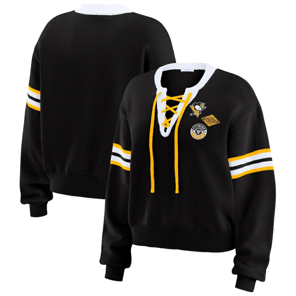 Pittsburgh Penguins WEAR by Erin Andrews Women's Cropped Lace-Up Sweater Black