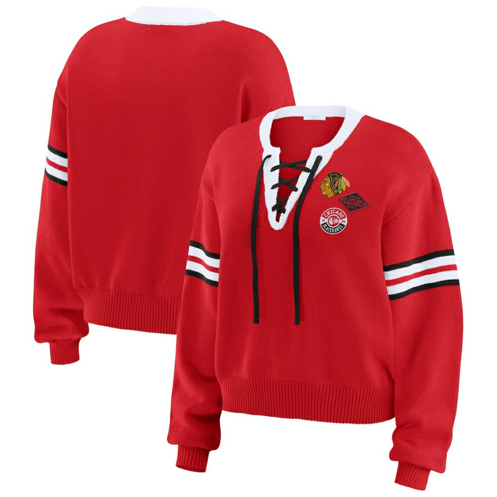 Chicago Blackhawks WEAR by Erin Andrews Women's Cropped Lace-Up Sweater Red