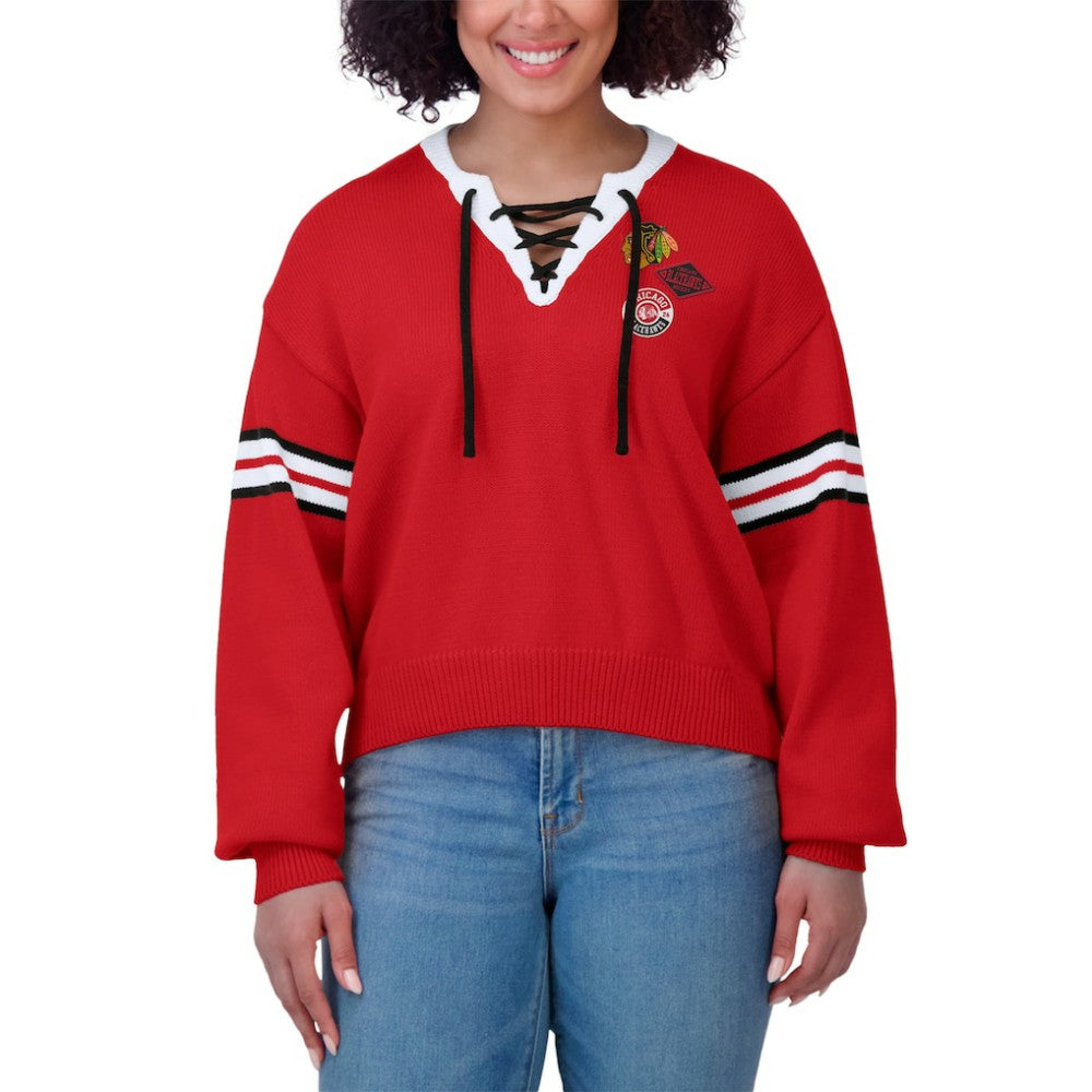 Chicago Blackhawks WEAR by Erin Andrews Women's Cropped Lace-Up Sweater Red