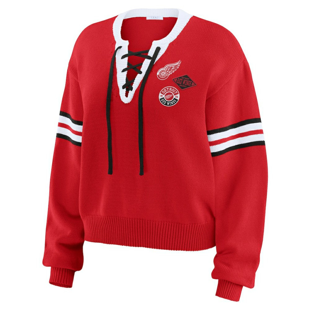 Detroit Red Wings WEAR by Erin Andrews Women's Cropped Lace-Up Sweater Red
