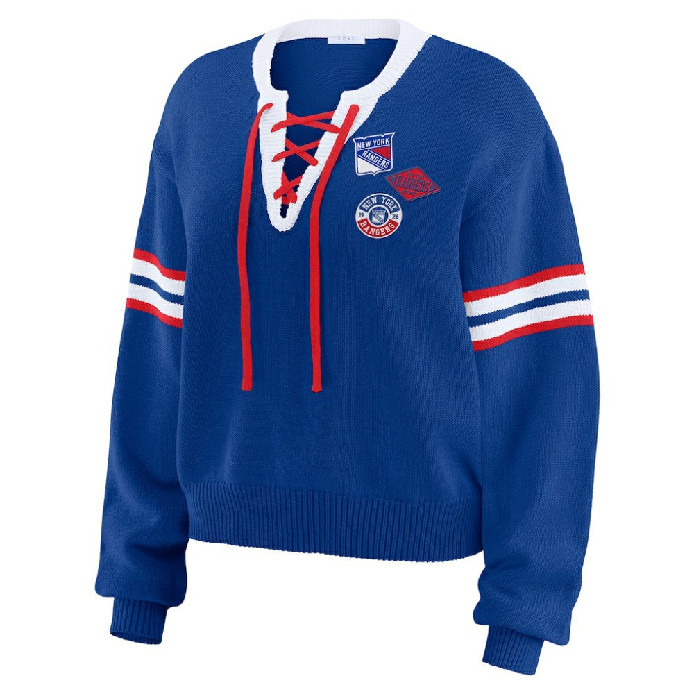 New York Rangers WEAR by Erin Andrews Women's Cropped Lace-Up Sweater Blue