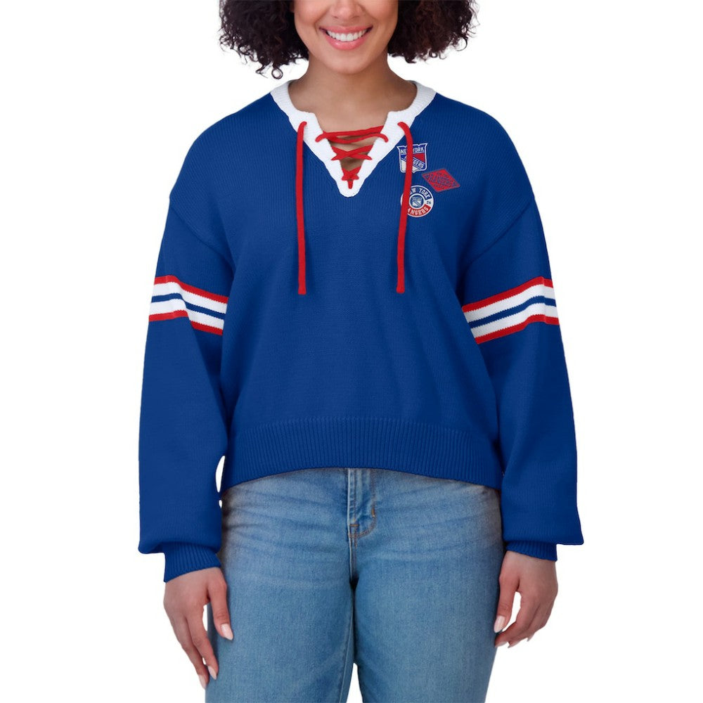 New York Rangers WEAR by Erin Andrews Women's Cropped Lace-Up Sweater Blue