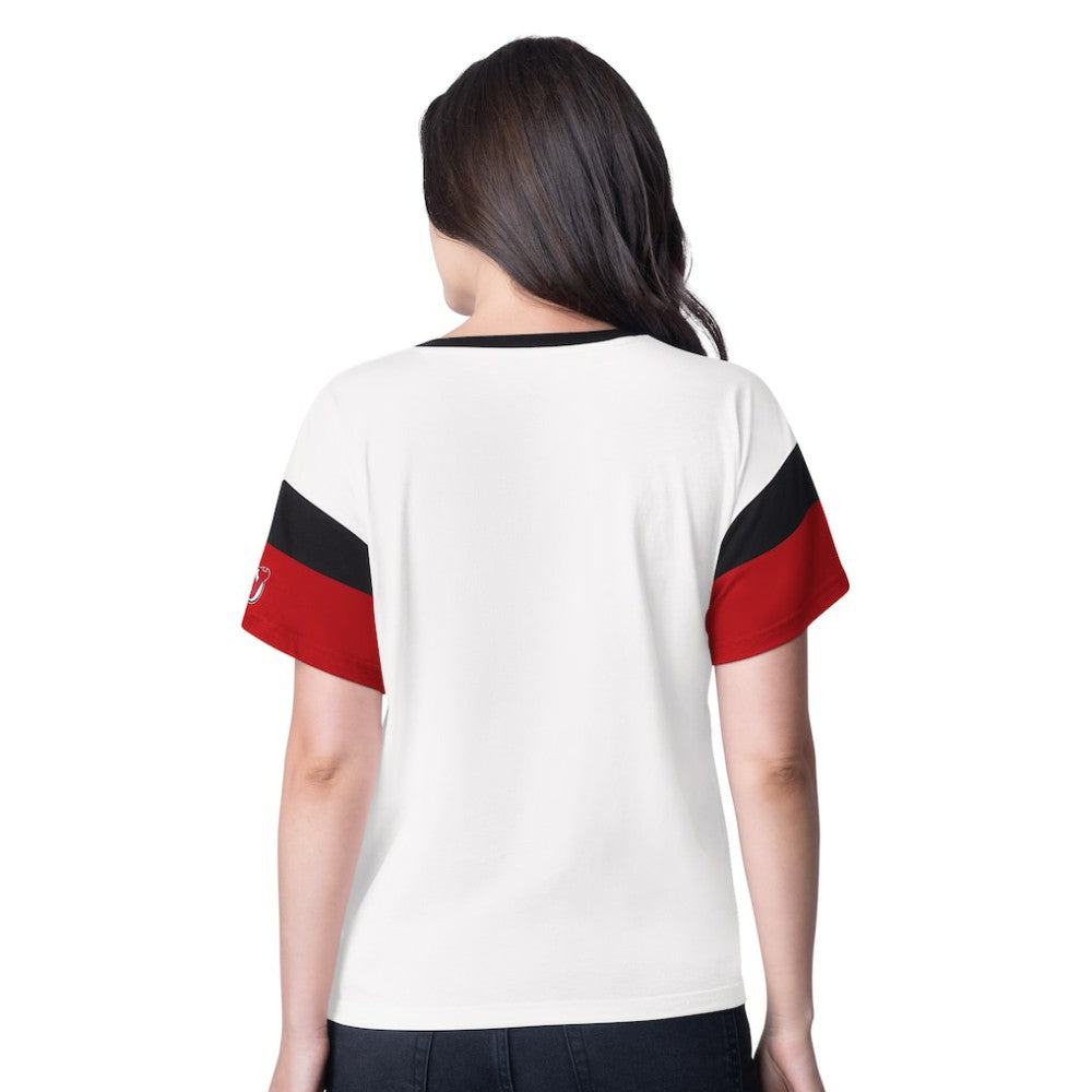 New Jersey Devils G-III 4Her by Carl Banks Women's Rink Oversized Rhinestone V-Neck T-Shirt White