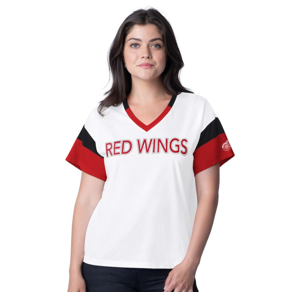 Detroit Red Wings G-III 4Her by Carl Banks Women's Rink Oversized Rhinestone V-Neck T-Shirt White