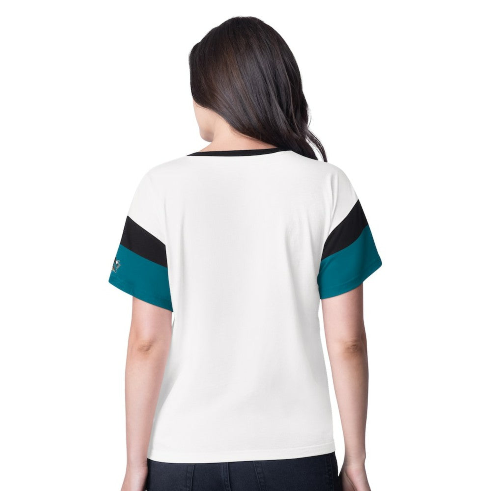 San Jose Sharks G-III 4Her by Carl Banks Women's Rink Oversized Rhinestone V-Neck T-Shirt White