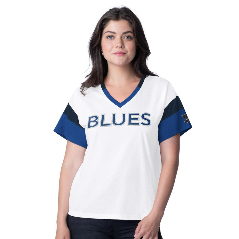 St. Louis Blues G-III 4Her by Carl Banks Women's Rink Oversized Rhinestone V-Neck T-Shirt White