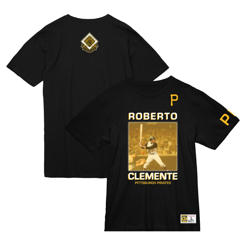 Roberto Clemente Pittsburgh Pirates Cooperstown Collection Heavyweight Premium Player Vintage Logo T-Shirt Black | Mitchell & Ness