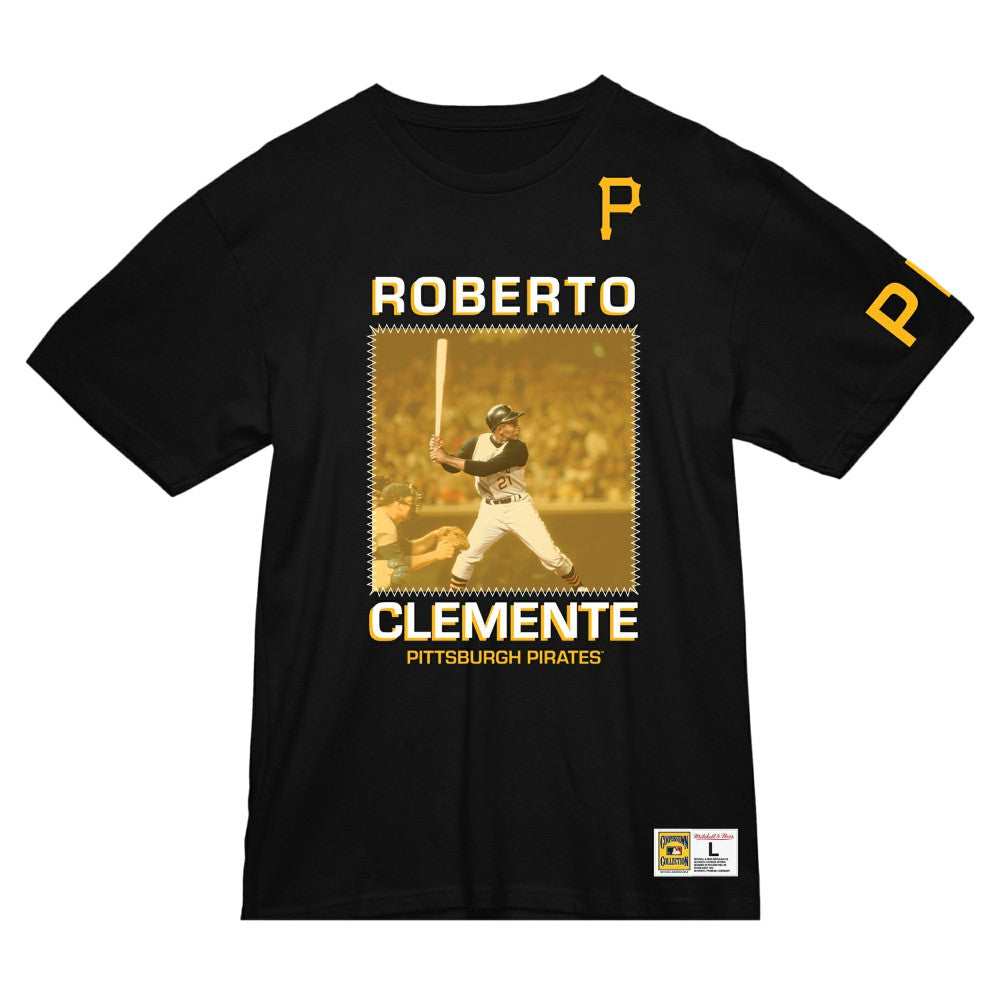 Roberto Clemente Pittsburgh Pirates Cooperstown Collection Heavyweight Premium Player Vintage Logo T-Shirt Black | Mitchell & Ness