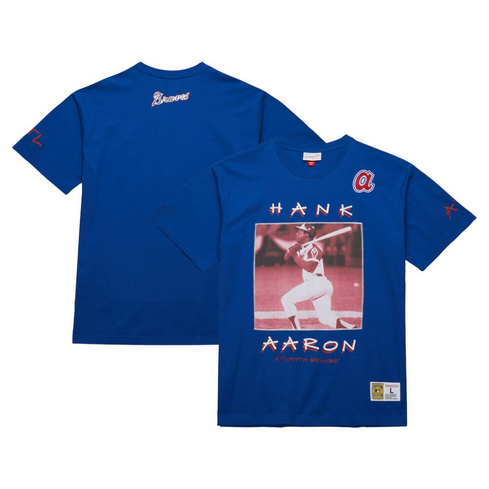 Hank Aaron Atlanta Braves Cooperstown Collection Heavyweight Premium Player Vintage Logo T-Shirt Royal | Mitchell & Ness