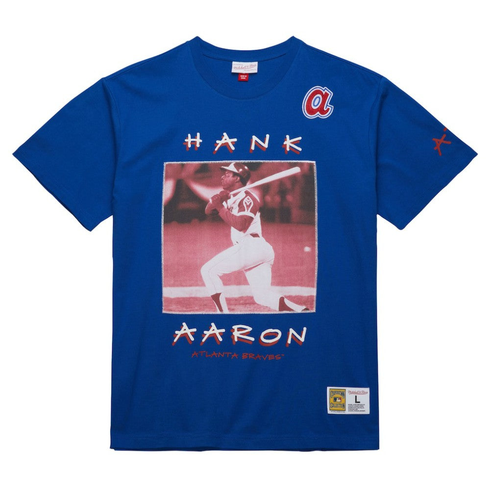 Hank Aaron Atlanta Braves Cooperstown Collection Heavyweight Premium Player Vintage Logo T-Shirt Royal | Mitchell & Ness